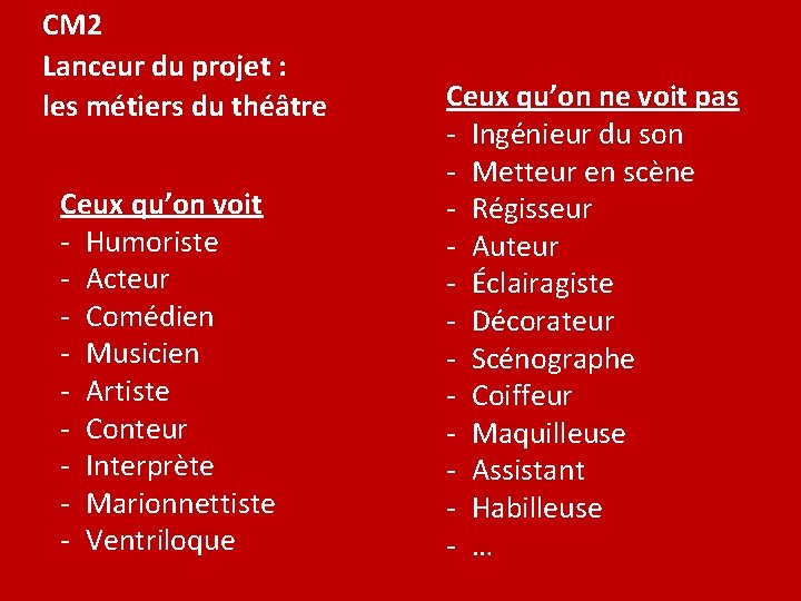 CM 2 Lanceur du projet : les métiers du théâtre Ceux qu’on voit -