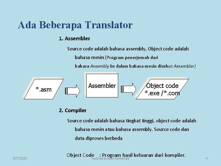 Ada Beberapa Translator 1. Assembler Source code adalah bahasa assembly, Object code adalah bahasa