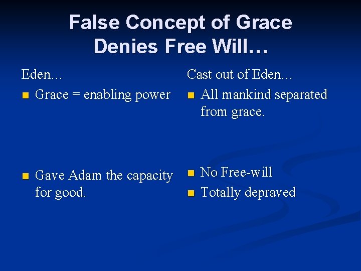 False Concept of Grace Denies Free Will… Eden… n Grace = enabling power n