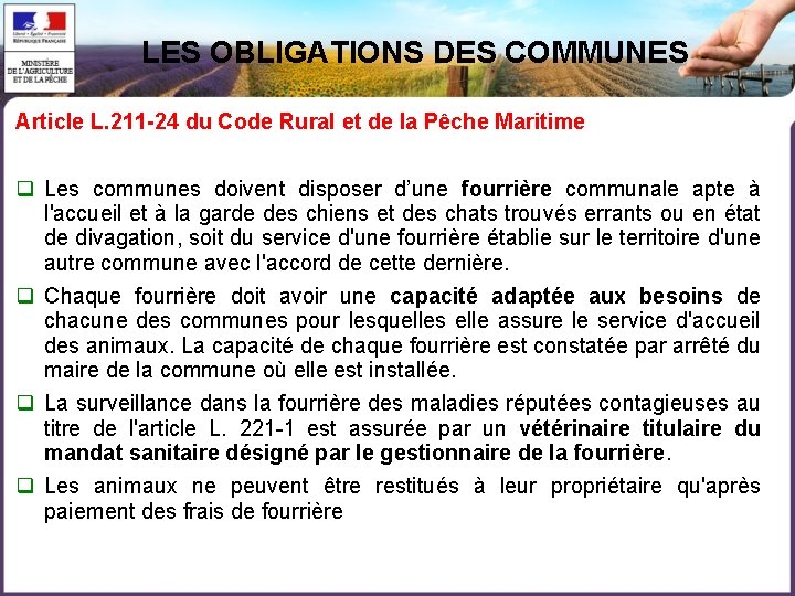 LES OBLIGATIONS DES COMMUNES Article L. 211 -24 du Code Rural et de la