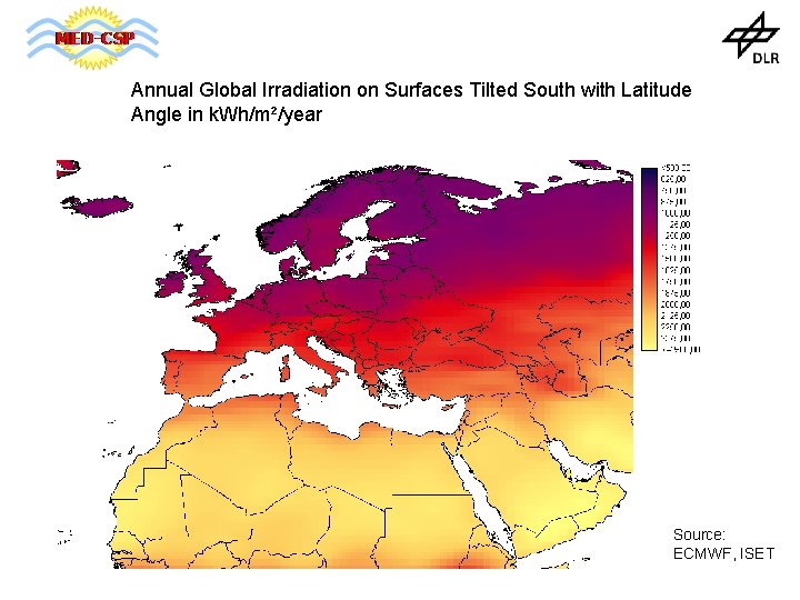 Annual Global Irradiation on Surfaces Tilted South with Latitude Angle in k. Wh/m²/year Source: