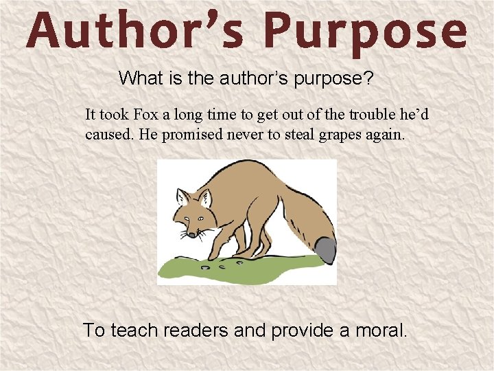 What is the author’s purpose? It took Fox a long time to get out