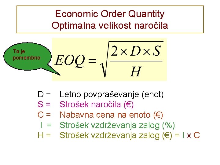 Economic Order Quantity Optimalna velikost naročila To je pomembno D= S= C= I =