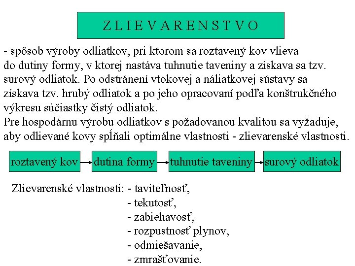 ZLIEVARENSTVO - spôsob výroby odliatkov, pri ktorom sa roztavený kov vlieva do dutiny formy,