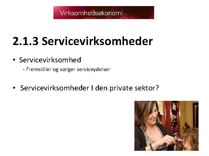 2. 1. 3 Servicevirksomheder • Servicevirksomhed - Fremstiller og sælger serviceydelser • Servicevirksomheder I