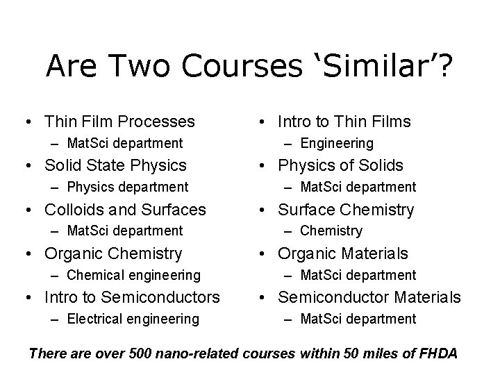 Are Two Courses ‘Similar’? • Thin Film Processes – Mat. Sci department • Solid