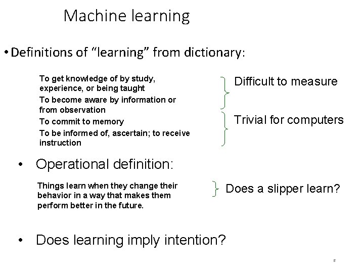 Machine learning • Definitions of “learning” from dictionary: To get knowledge of by study,