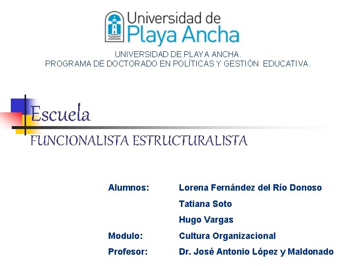 UNIVERSIDAD DE PLAYA ANCHA. PROGRAMA DE DOCTORADO EN POLÍTICAS Y GESTIÓN EDUCATIVA. Escuela FUNCIONALISTA