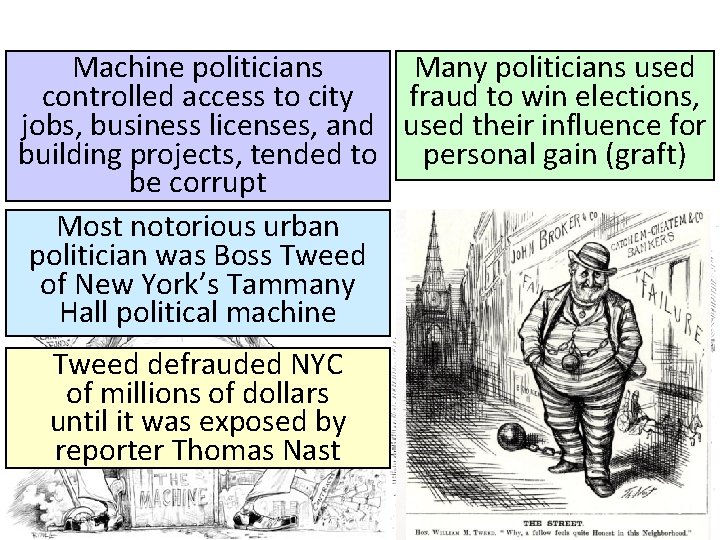 Machine politicians Many politicians used controlled access to city fraud to win elections, jobs,