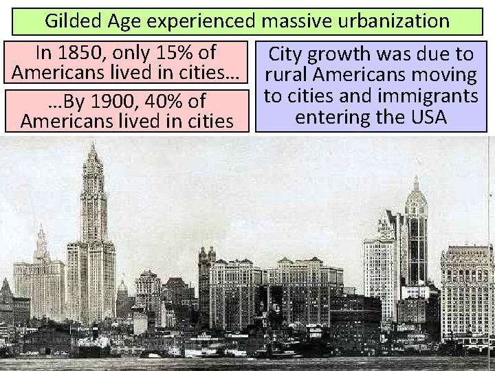 Gilded Age experienced massive urbanization In 1850, only 15% of City growth was due