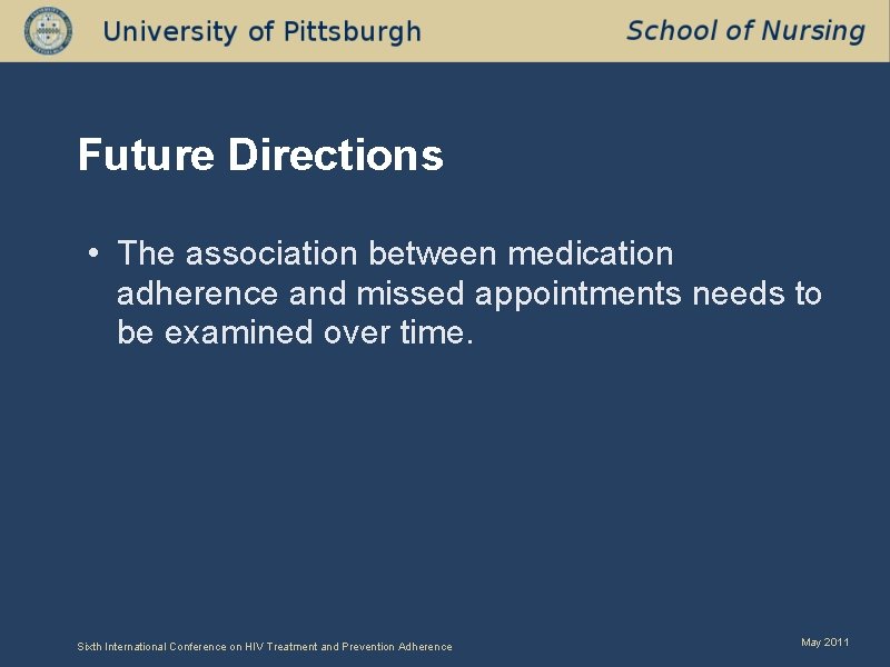 Future Directions • The association between medication adherence and missed appointments needs to be