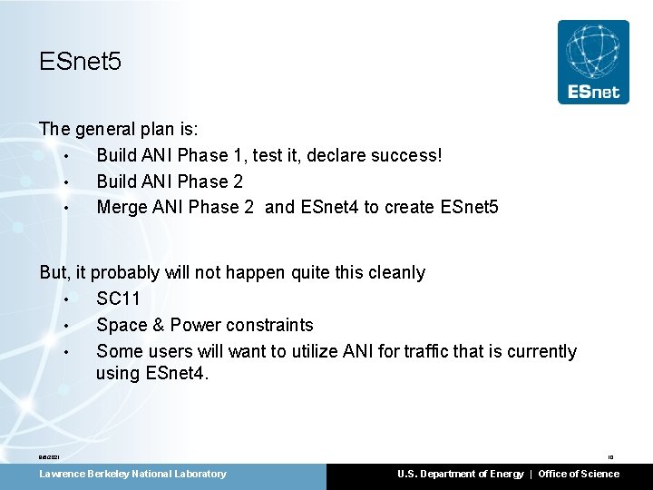 ESnet 5 The general plan is: • Build ANI Phase 1, test it, declare
