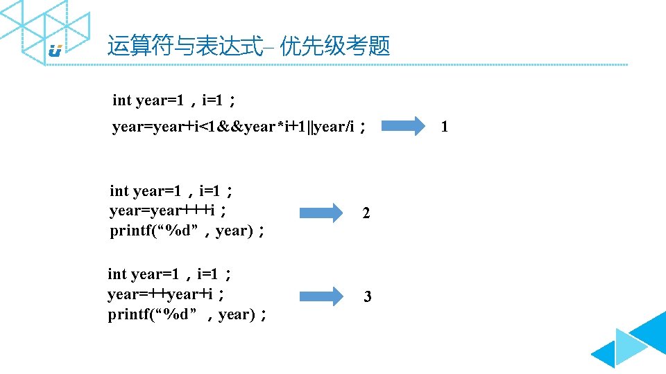 运算符与表达式– 优先级考题 int year=1，i=1； year=year+i<1&&year*i+1||year/i； int year=1，i=1； year=year+++i； printf(“%d”，year)； 2 int year=1，i=1； year=++year+i； printf(“%d”