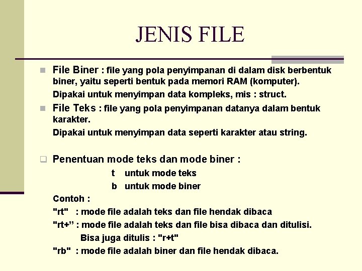 JENIS FILE n File Biner : file yang pola penyimpanan di dalam disk berbentuk