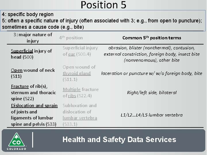 Position 5 4: specific body region 5: often a specific nature of injury (often