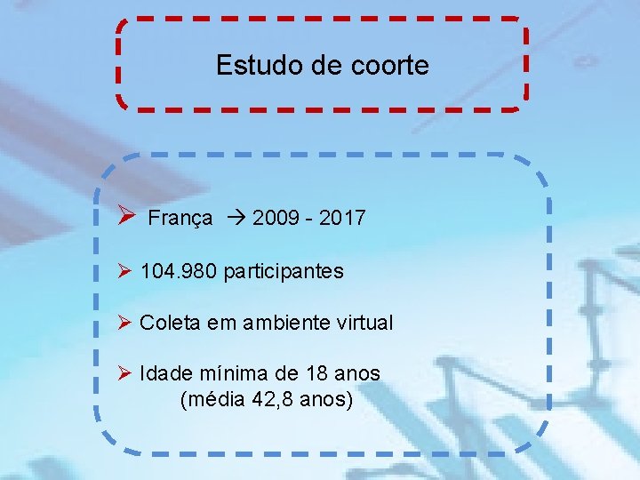 Estudo de coorte Ø França 2009 - 2017 Ø 104. 980 participantes Ø Coleta