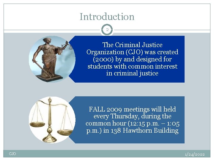 Introduction 2 The Criminal Justice Organization (CJO) was created (2000) by and designed for