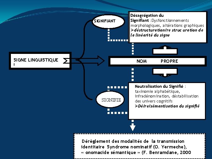 SIGNIFIANT SIGNE LINGUISTIQUE Désagrégation du Signifiant : Dysfonctionnements morphologiques, altérations graphiques Ødéstructuration/re struc uration