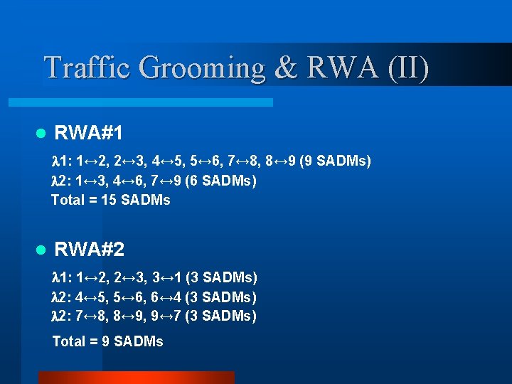 Traffic Grooming & RWA (II) l RWA#1 1: 1↔ 2, 2↔ 3, 4↔ 5,