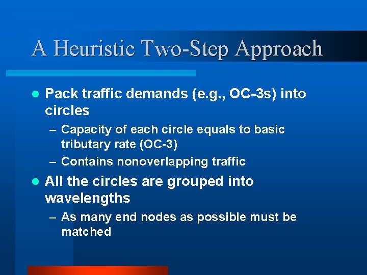 A Heuristic Two-Step Approach l Pack traffic demands (e. g. , OC-3 s) into