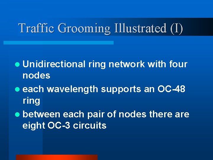 Traffic Grooming Illustrated (I) l Unidirectional ring network with four nodes l each wavelength