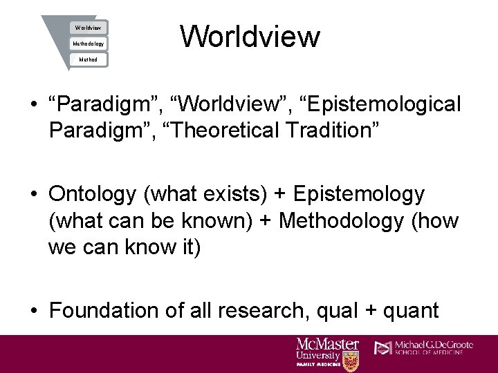 Worldview Methodology Worldview Method • “Paradigm”, “Worldview”, “Epistemological Paradigm”, “Theoretical Tradition” • Ontology (what