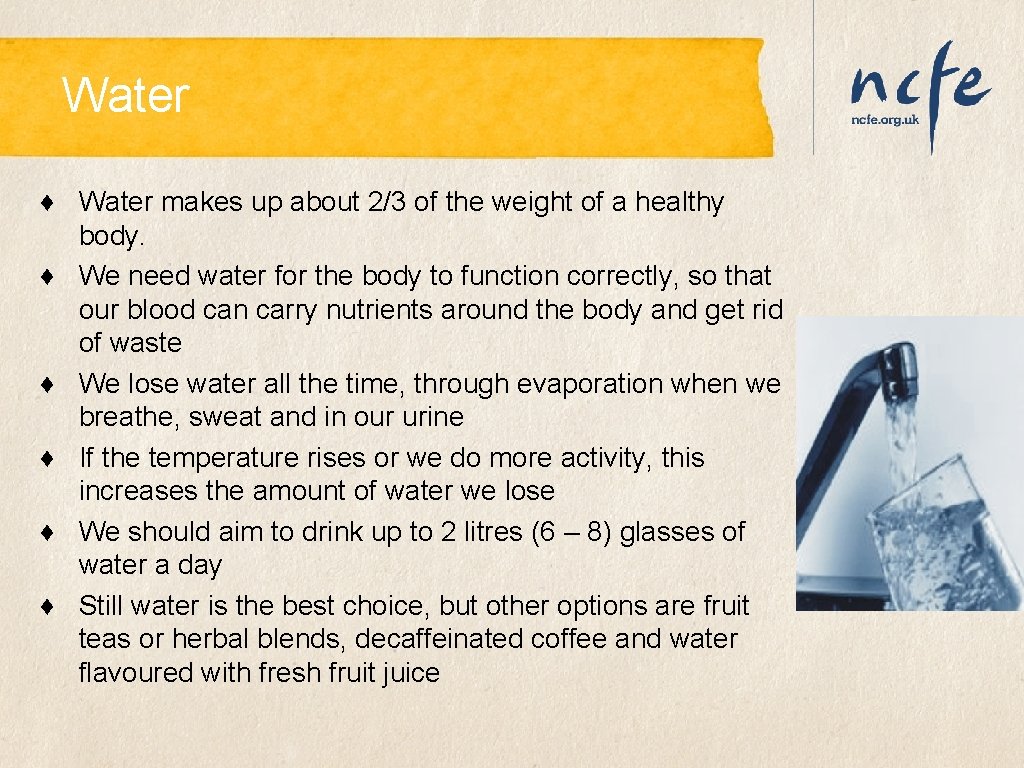 Water ♦ Water makes up about 2/3 of the weight of a healthy body. Water ♦ Water makes up about 2/3 of the weight of a healthy body.
