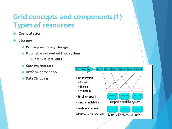 Grid concepts and components(1) Types of resources Computation Storage Primary/secondary storage Mountable networked filed