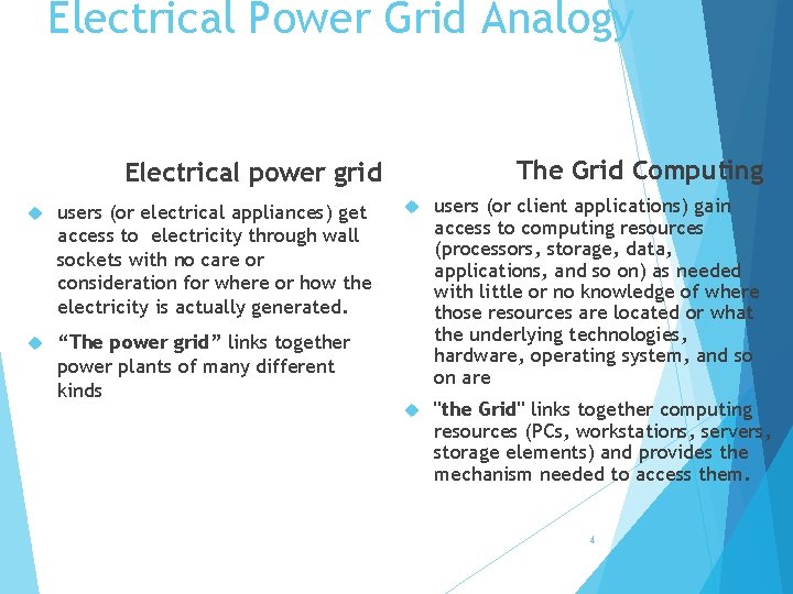 Electrical Power Grid Analogy The Grid Computing Electrical power grid users (or electrical appliances)