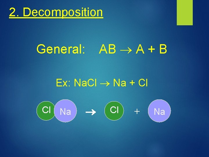 2. Decomposition AB A + B General: Ex: Na. Cl Na + Cl Cl