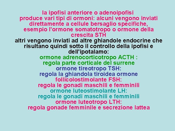 la ipofisi anteriore o adenoipofisi produce vari tipi di ormoni: alcuni vengono inviati direttamente