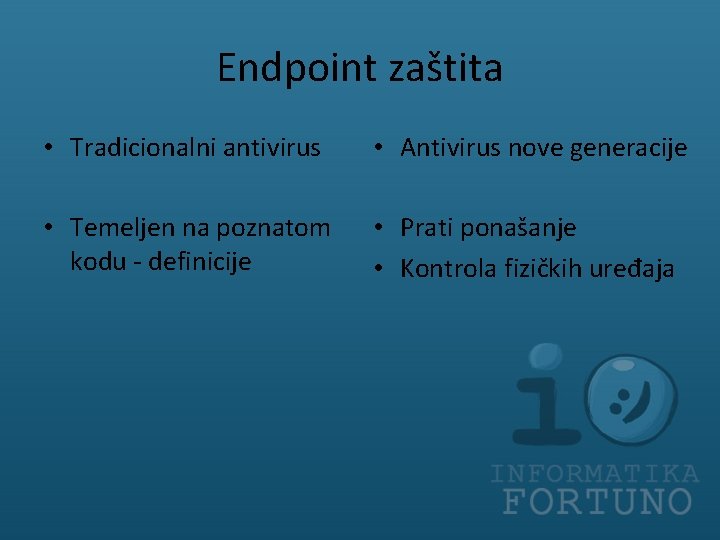 Endpoint zaštita • Tradicionalni antivirus • Antivirus nove generacije • Temeljen na poznatom kodu