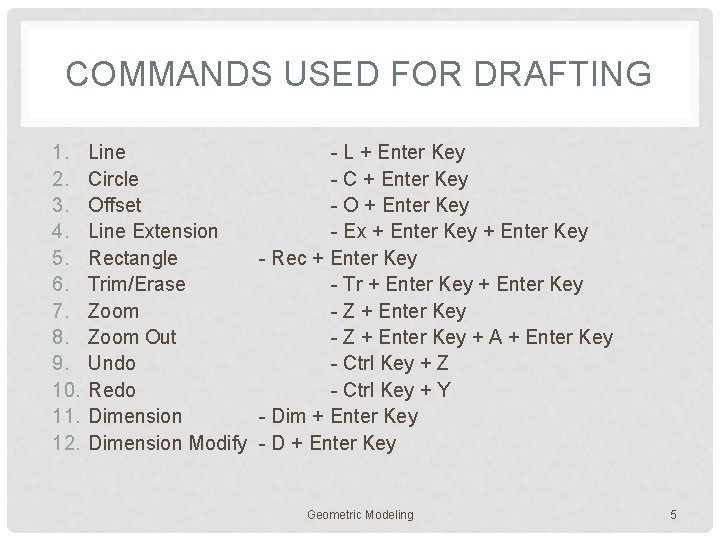 COMMANDS USED FOR DRAFTING 1. 2. 3. 4. 5. 6. 7. 8. 9. 10.