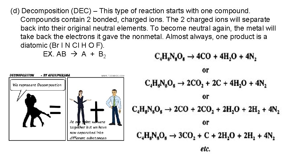 (d) Decomposition (DEC) – This type of reaction starts with one compound. Compounds contain