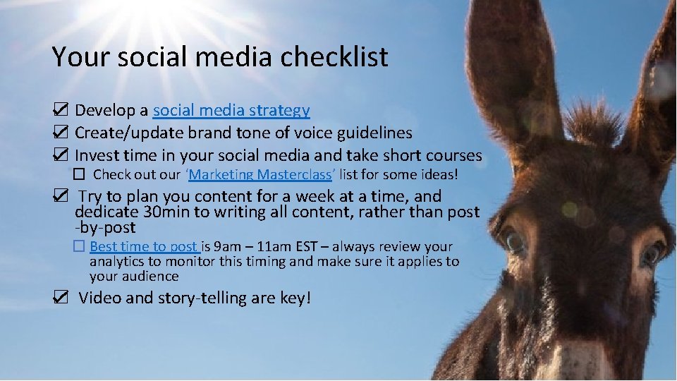 Your social media checklist ☑ Develop a social media strategy ☑ Create/update brand tone