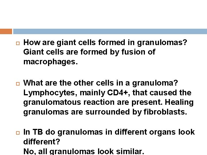  How are giant cells formed in granulomas? Giant cells are formed by fusion