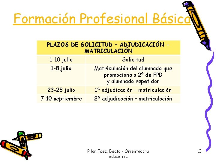 Formación Profesional Básica PLAZOS DE SOLICITUD – ADJUDICACIÓN MATRICULACIÓN 1 -10 julio Solicitud 1