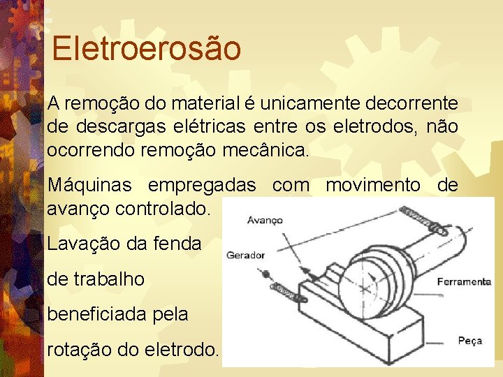 Eletroerosão A remoção do material é unicamente decorrente de descargas elétricas entre os eletrodos,