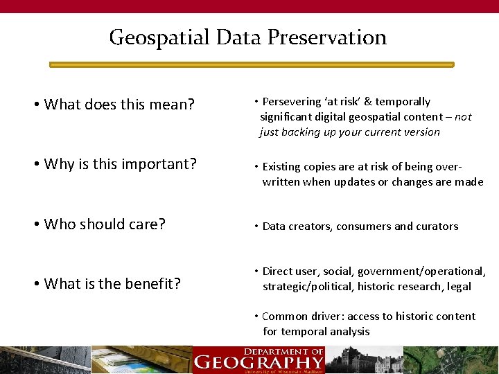 Geospatial Data Preservation • What does this mean? • Persevering ‘at risk’ & temporally