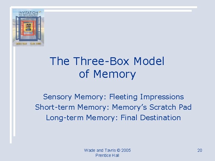 The Three-Box Model of Memory Sensory Memory: Fleeting Impressions Short-term Memory: Memory’s Scratch Pad