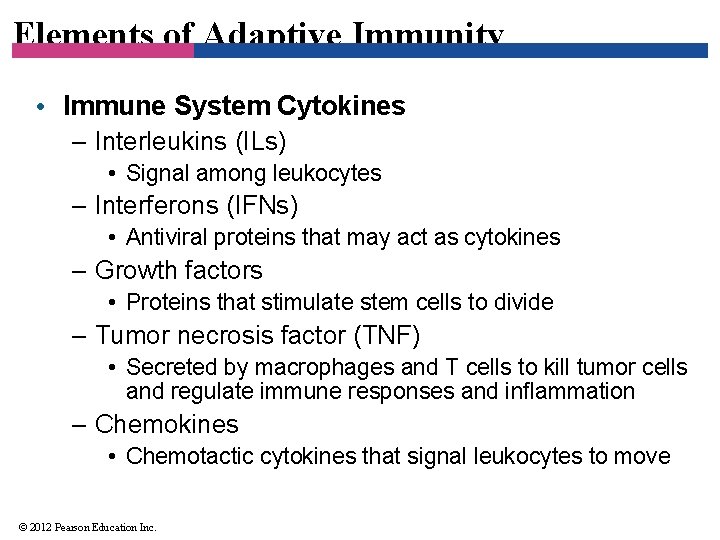 Elements of Adaptive Immunity • Immune System Cytokines – Interleukins (ILs) • Signal among
