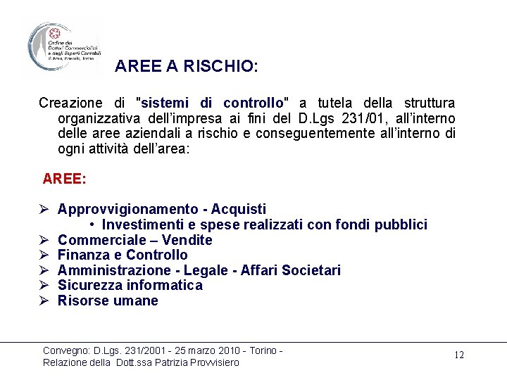 AREE A RISCHIO: Creazione di "sistemi di controllo" a tutela della struttura organizzativa dell’impresa