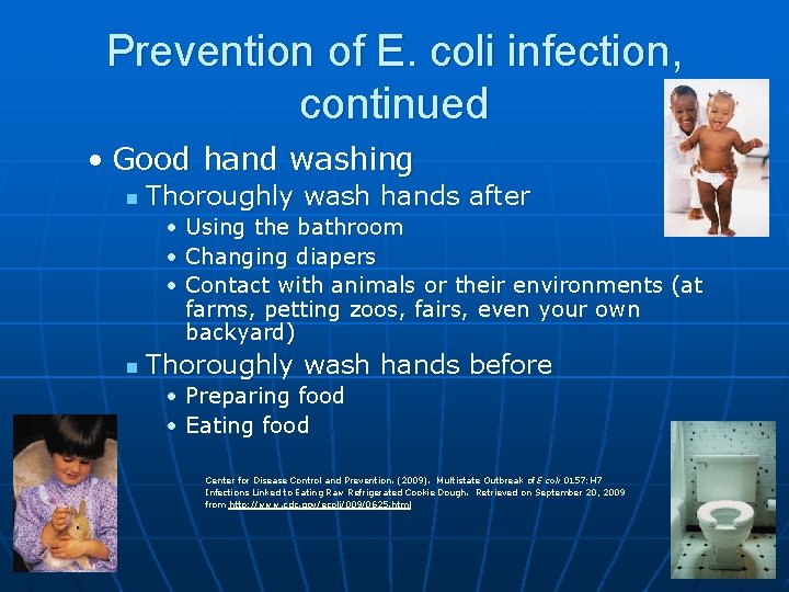 Prevention of E. coli infection, continued • Good hand washing n Thoroughly wash hands