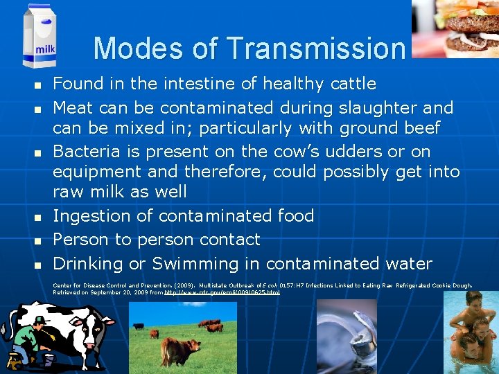 Modes of Transmission n n n Found in the intestine of healthy cattle Meat