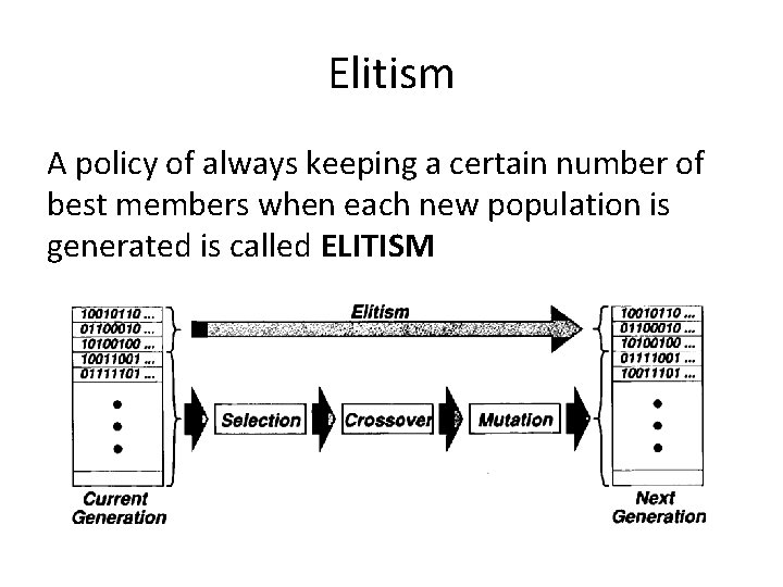 Elitism A policy of always keeping a certain number of best members when each