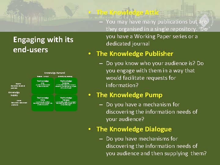  • The Knowledge Attic Engaging with its end-users Knowledge Demand Passive / Latent