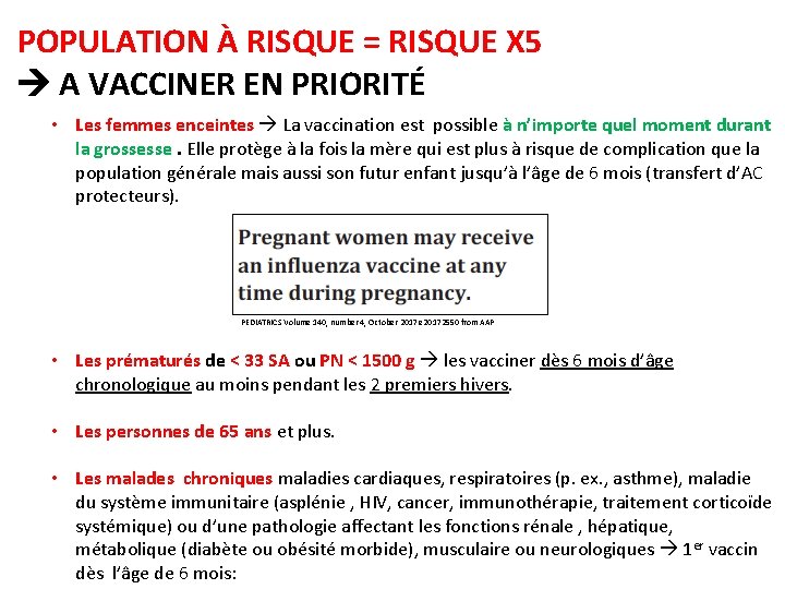 POPULATION À RISQUE = RISQUE X 5 A VACCINER EN PRIORITÉ • Les femmes