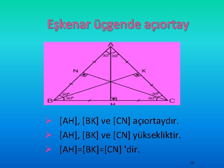 Eşkenar üçgende açıortay Ø [AH], [BK] ve [CN] açıortaydır. Ø [AH], [BK] ve [CN]