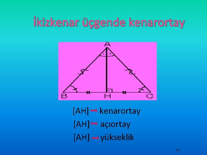 İkizkenar üçgende kenarortay [AH] kenarortay açıortay yükseklik 13 