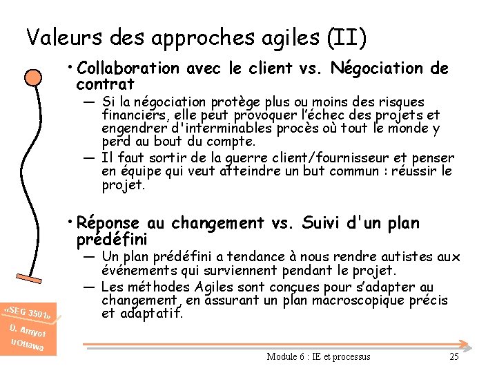 Valeurs des approches agiles (II) • Collaboration avec le client vs. Négociation de contrat